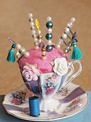 Handmade Teacup Pin Cushion, Upcycled Teacup & Saucer, Seamstress Gift. - image 1 of 4