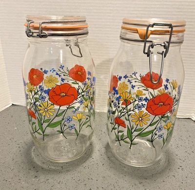 Juego de 2 botes de vidrio de amapola vintage Arc France R Carman 2 litros MCM retro Arcoroc Foto 1 de 4