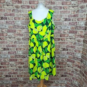Simply Be Dress Lemon Print Yellow Green UK 20 Flare Below Knee 100% Cotton - Picture 1 of 12