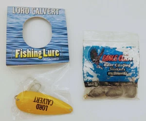 SEÑUELO DE PESCA de whisky canadiense Lord Calvert coleccionable + paquete (5 ea) hundidores de 3/4 oz - Imagen 1 de 4