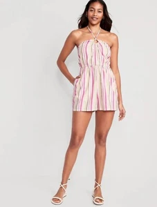 Old Navy Women’s Size LARGE PETITE ~ Striped O-Ring Halter Romper $40 NWT Shorts - Picture 1 of 5