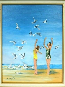 M. JANE DOYLE SIGNED ORIG.ART OIL/CANV PAINTING "FEEDING THE GULLS" (BEACH) FR. - Picture 1 of 7