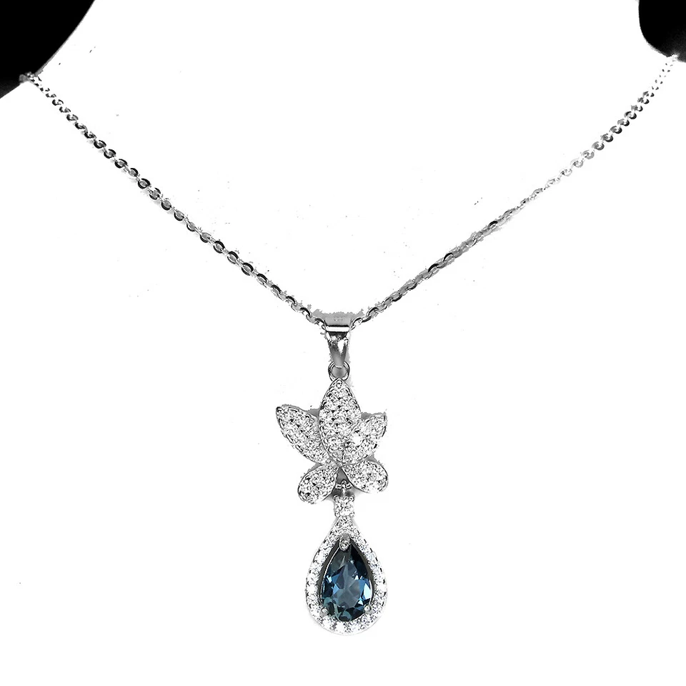 Collar de plata de ley 925 pera topacio azul Londres 8x5 mm joyas de piedras preciosas 18 pulgadas Foto 1 de 4