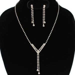 PIERCED-Silver clear stone layered V necklace & pierced earring set - Picture 1 of 2