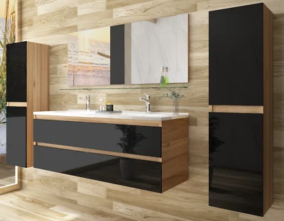 Badmöbel Set Eiche Schwarz Hochglanz SoftClosingssystem 120 cm Doppelwaschbecken - Bild 1 von 4