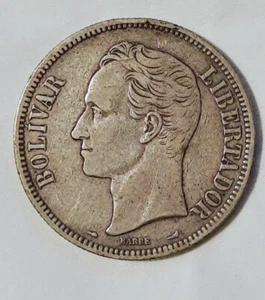 1910 SILVER 5 BOLIVARES - Picture 1 of 2