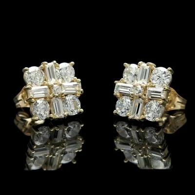 Серьги-гвоздики женские круглой огранки с лабораторными бриллиантами покрытие желтым золотом 14 карат 2 карата - Изображение 1 из 4