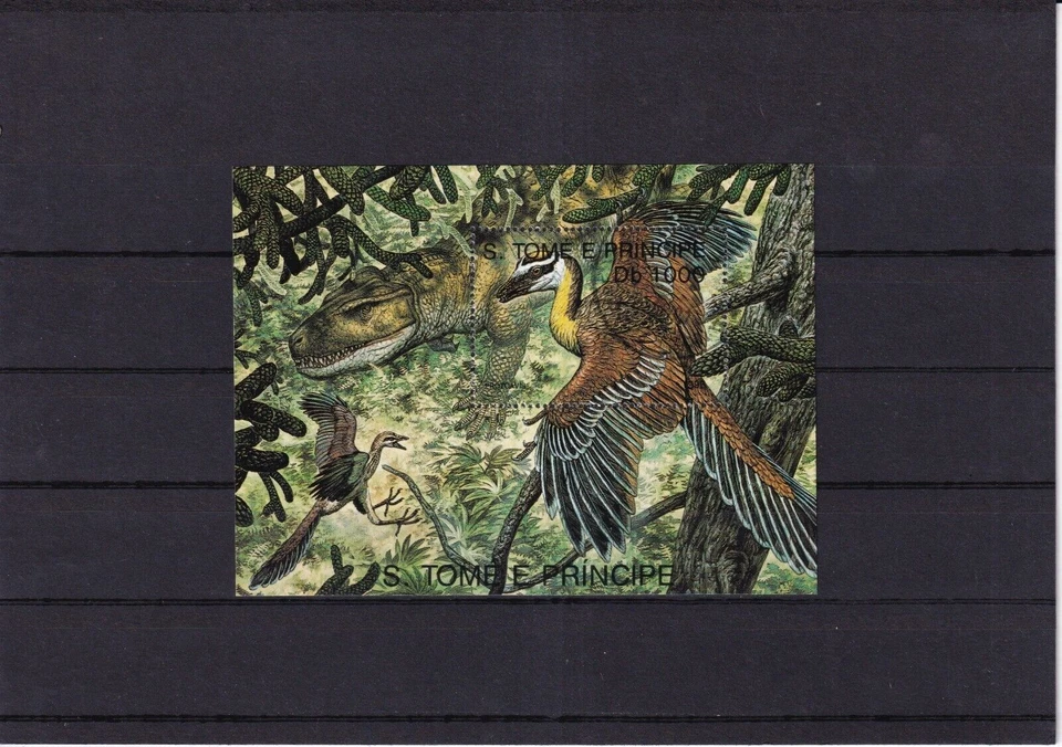 SA30d Santo Tomé y Príncipe 1998 Animales extintos Dinosaurios Aves Minishoja usada Foto 1 de 1