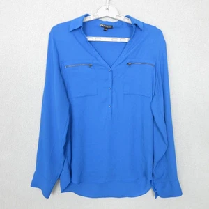 Express Blouse Womens Medium Blue Long Sleeve Zip Pocket Pullover Shirt Top - Picture 1 of 8