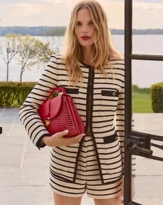 NEW Veronica Beard Foster Ivory Black Striped Knit Dickey Jacket Sz 0 NWT $798 - Picture 1 of 20