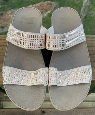 FitfFlop 女式 l87-137 粉红色米色麂皮绒印加通凉鞋 9 码美国,欧盟 41 码 — 第 1/4 张图片