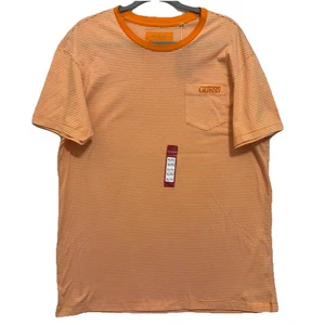 Guess Men’s XL Striped Crew Neck T-Shirt Orange Embroidered Logo Pocket Tee NWT - Picture 1 of 13