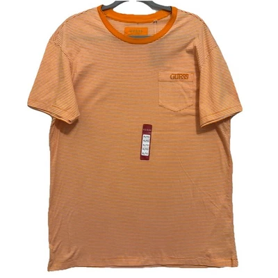 Guess Men’s XL Striped Crew Neck T-Shirt Orange Embroidered Logo Pocket Tee NWT - Image 1 of 4