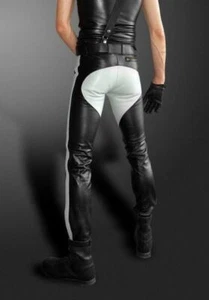 Men's Real Leather punk Trousers BLUF Bikers Breeches strips & arse panel cuir - Picture 1 of 4