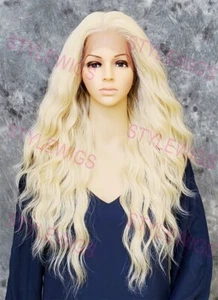 Peluca rubia clara larga ondulada segura al calor encaje frontal/parte superior mezcla cabello humano EVEC 613 - Imagen 1 de 7