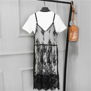 Damen Sexy Blumen Spitze Durchsichtig Transparent Kleid Midi Träger Unterkleid Schwarz Neu - Bild 1 von 13