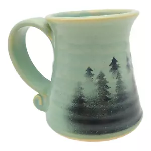 Handmade Signed Pottery Coffee Mug, 14oz Large Green Forest Pine Trees Evergreen - Picture 1 of 7