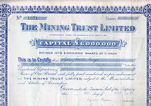 THE MINING TRUST LIMITED 1929 CAPITAL SOCIAL £60000 - Imagen 1 de 2