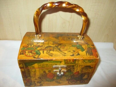 Vintage Anton Pieck Wooden Decoupage Box Purse Bakelite/Lucite Handle 1970s - Image 1 of 4