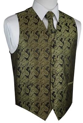 MEN'S OLIVE PAISLEY TUXEDO VEST, TIE & HANKIE SET. FORMAL, DRESS, WEDDING, PROM - Image 1 of 4