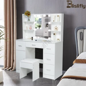 Tavolo Vanity Luce LED Specchio 5 Cassetti Trucco Comodino Scrivania Sgabello Camera da Letto Bianco - Foto 1 di 11