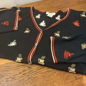 Peck & Peck Large Black Cardigan Sweater Embroidered Appliqué Coffee Cups - Picture 1 of 6
