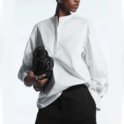 COS Gathered Grandad Collar Blouse Womens 10 White Balloon Sleeve Tunic Top - Image 1 of 4