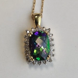 🥇З,50CT Natural Mystic Topaz Pendant 14K Gold🪙 0.10CT 20 Diamonds💎 Halo Engag - Picture 1 of 9