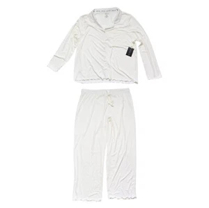 Rachel Zoe Ribbed Yummy Pajama Set XL White Notch Top Wide Leg Lettuce Edge - Picture 1 of 5