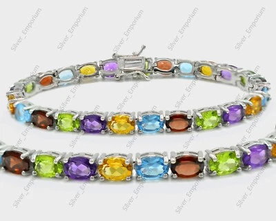 7x5 MM Oval Natural Multi Gemstone 925 Sterling Silver Tennis Wedding Bracelet - Image 1 of 4