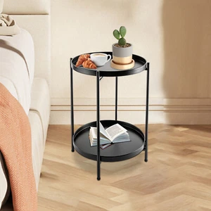 Black Small Folding Accent Table Outdoor Side Table 2-Tier Removable Tray - Picture 1 of 14