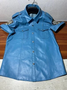 Men Leather Short Sleeve Police Style Lambskin Leather Shirt Blue Colour Uniform - Picture 1 of 6
