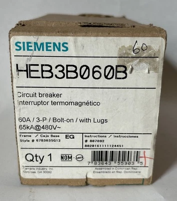Siemens HEB3B060B 60 Amp 3 Pole 65kA 480 V Bolt-On/ with Lugs Circuit Breaker - Image 1 of 4