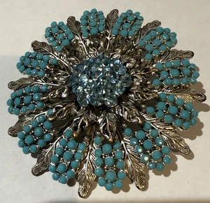 Vintage Brosche/Anhänger türkisfarbene Perlen/blaue Strasssteine silberfarben 2,5 Zoll - Bild 1 von 2