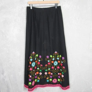 Vintage schwarz Wolle Maxirock 30 in Medium Blumen bestickt Boho Folk Ecuador - Bild 1 von 10