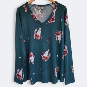 Top de mujer Rod's cuello en V suroeste vaca novillo calavera floral verde boho EE. UU. 2X XL - Imagen 1 de 11