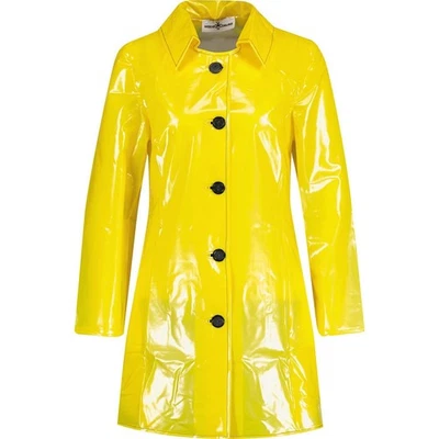 Puritues Women Yellow PVC Viny Raincoat Glossy Shiny Trench Coat Retr Mod Jacket - Image 1 of 3
