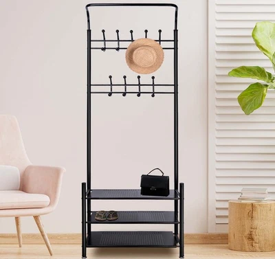 Garderobenständer Mit Schuhregal Metall Kleiderständer 192cm Höhe Standgarderobe - Bild 1 von 4