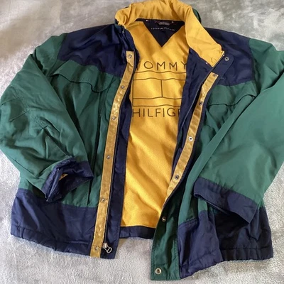 Tommy Hilfiger Jacket Mens 2XL Green Navy Colorblock Fleece Lined Zip Snap Coat - Image 1 of 4