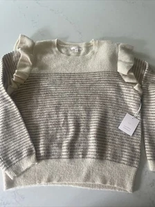 Lauren Conrad Cream Striped Ruffled Pull Over Sweater Women’s XXL Beige NWT $50 - Picture 1 of 5