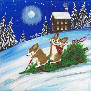 4x4 STAMPA PITTURA ARTE POPOLARE RYTA PEMBROKE WELSH CORGI PUPAZZO DI NEVE casa natalizia - Foto 1 di 1