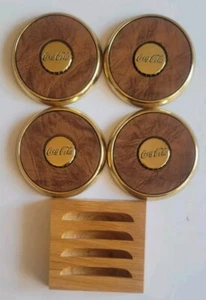 New Leather & Brass Coca Cola Coasters and display holder Coca Cola Set of 4 - Picture 1 of 9