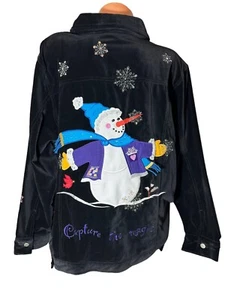 Vintage Quacker Factory Black Velvet Snowman Jacket Button Up Embellished 1X - Picture 1 of 10