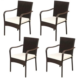 Set of 4 Patio Stackable Wicker Armchairs Garden Rattan Dining Seats W/ Cushions - Picture 1 of 9