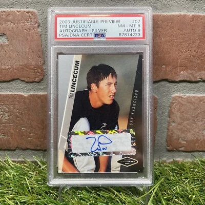 06’ Justifiable Preview Auto Silver /100 Tim Lincecum Rookie Card PSA nm8 auto9 - Image 1 of 2