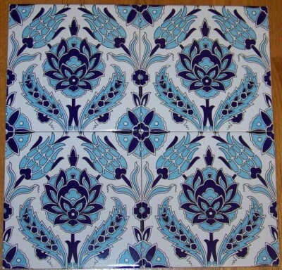 4 8"X8" (40cm x 40cm) Turkish Iznik Blue Tulip & Floral Pattern Ceramic Tile - Image 1 of 2