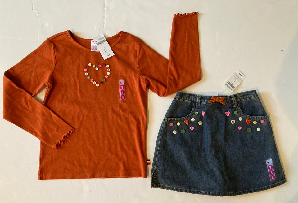 NWT Gymboree Size 8 Cute As a Button Orange Long Sleeve Top & Denim Skort Skirt - Image 1 of 3