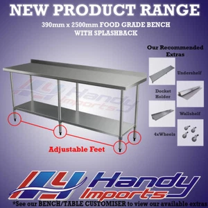 2500x390mm STAINLESS STEEL FOOD GRADE COMMERCIAL FOOD WORK BENCH W/ SPLASH BACK - Picture 1 of 4