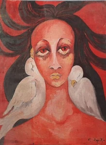 K L Aygo Vintage 1975 Signed African Oil Painting Negro Woman with Doves 40 x 30 - Picture 1 of 2