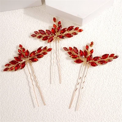 3PCS Red Teardrop Rhinestone Hair Piece, Bridal Headband, Flower Girl Accessory - Image 1 of 4